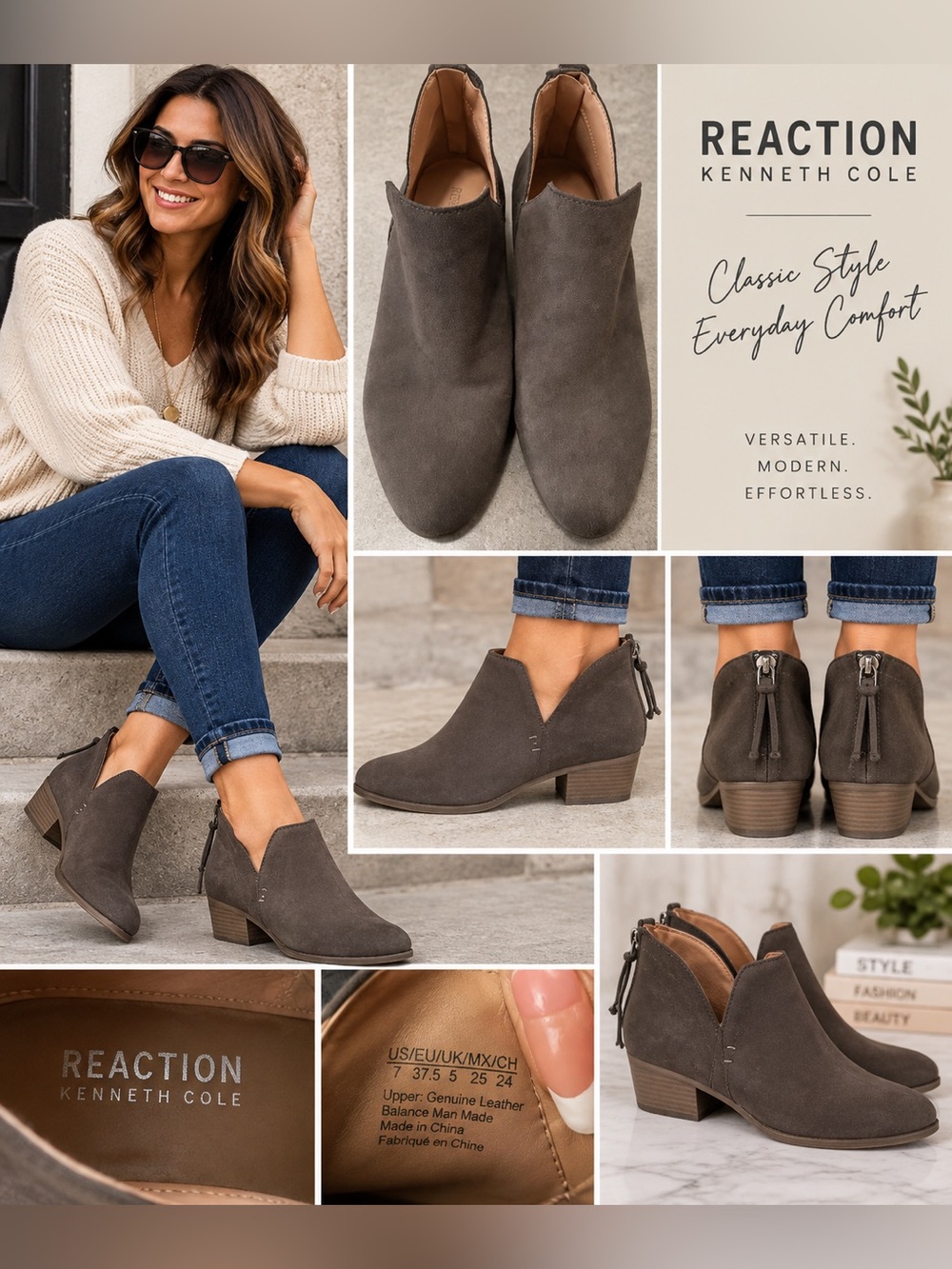 Reaction Kenneth Cole Leather Taupe Gray Wedge Ankle Boots Size 8 Back Zip